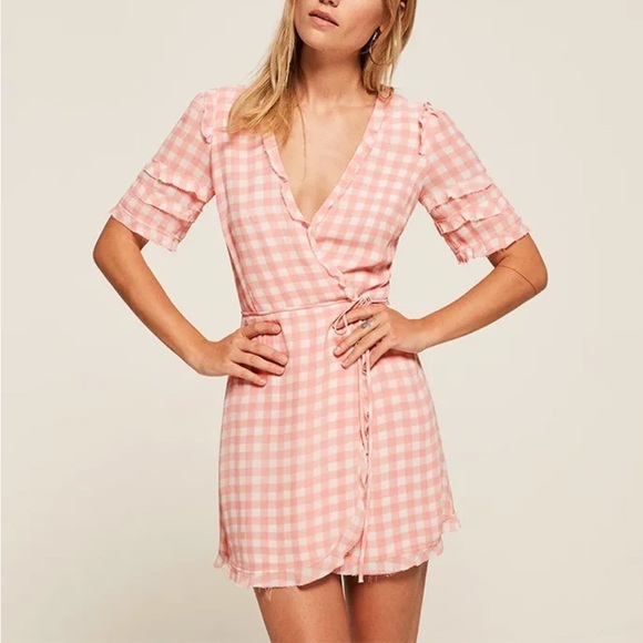 Reformation Dresses & Skirts - Reformation Leanna pink Gingham wrap Dress size xl